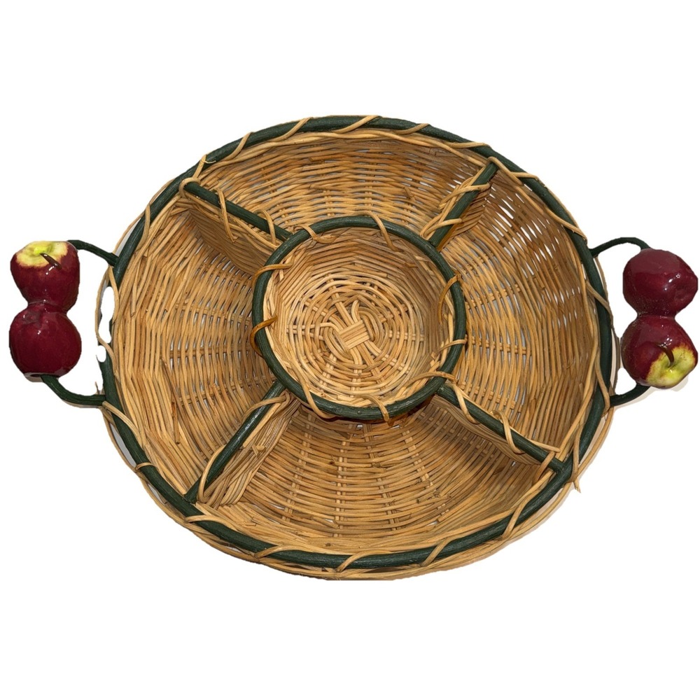 New~4 Section Wicker‎ Serving Tray w/Ceramic Apple Handles Ceramic Dip Bowl